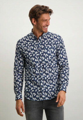 Poplin-overhemd-met-bloemenprint---grijsblauw/wit